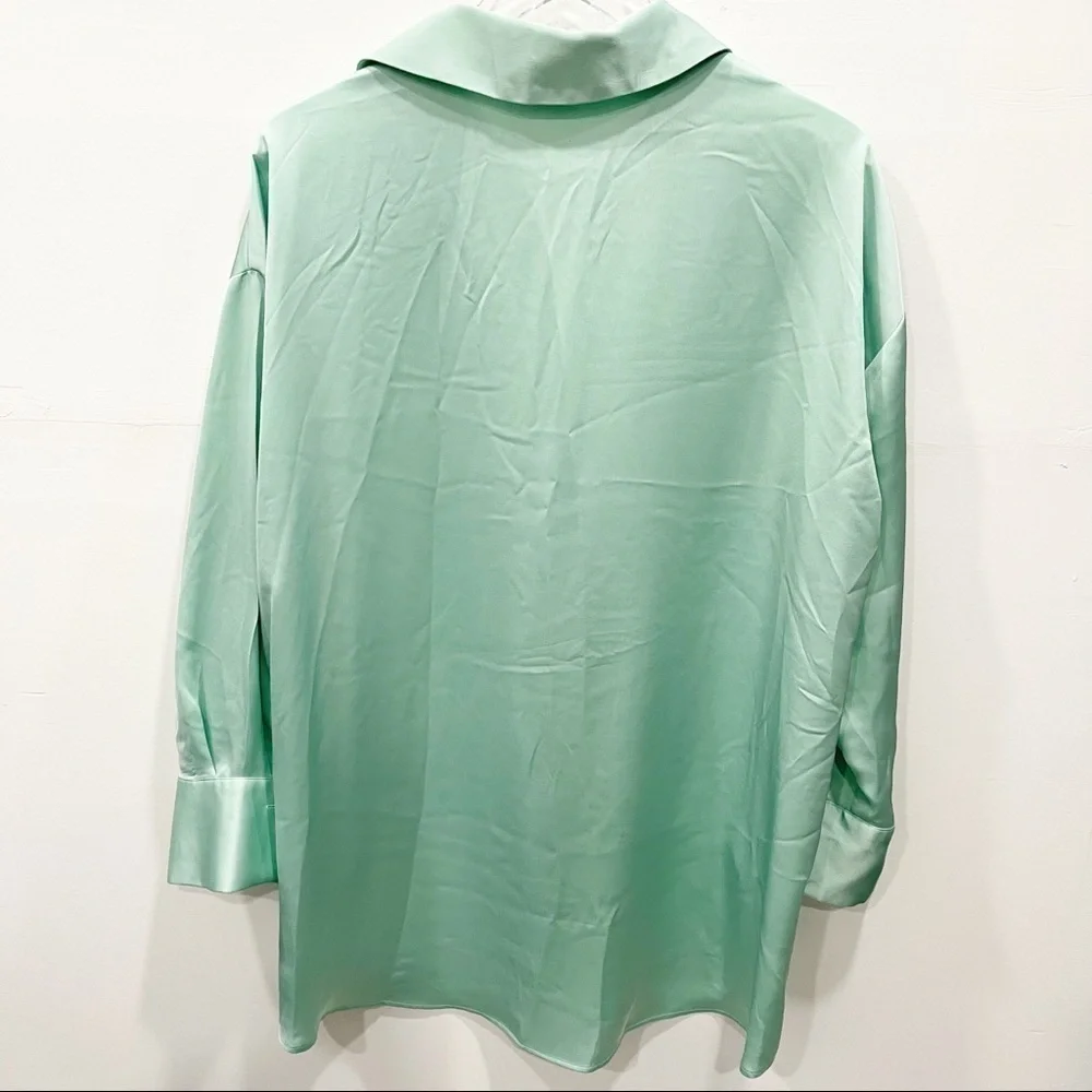 Zara Satin Effect Oversized Shirt Green Button Front XS